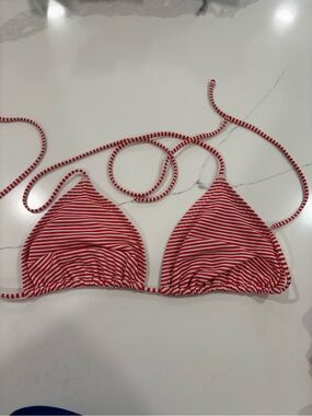 aerie White Bikini Top with Red Stripe Trim